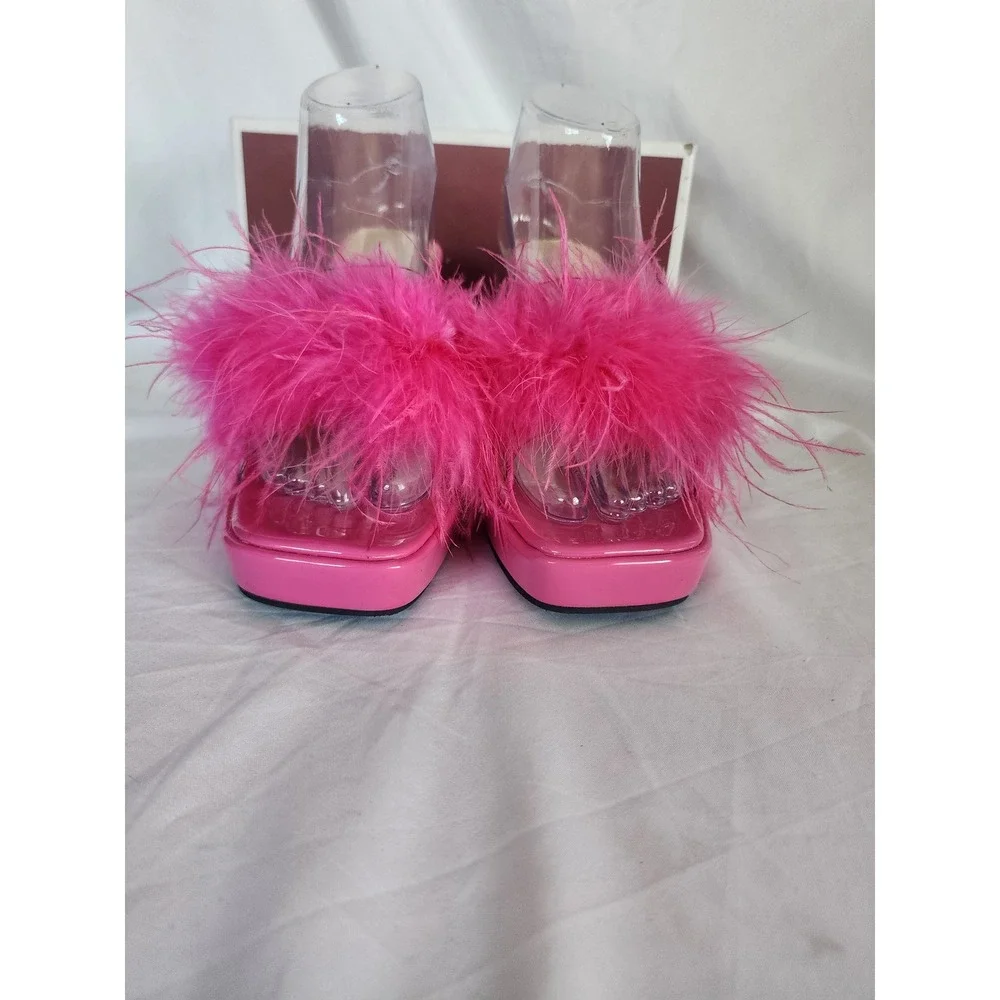 LIURUIJIA Pink Feather Platform Sandals Clear Block Heel Y2K Barbiecore Mules 39